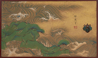 Waves at Matsushima, Suzuki Kiitsu (Japanese, 1796–1858), Pair of small sliding doors (kobusuma); ink and color on paper, Japan